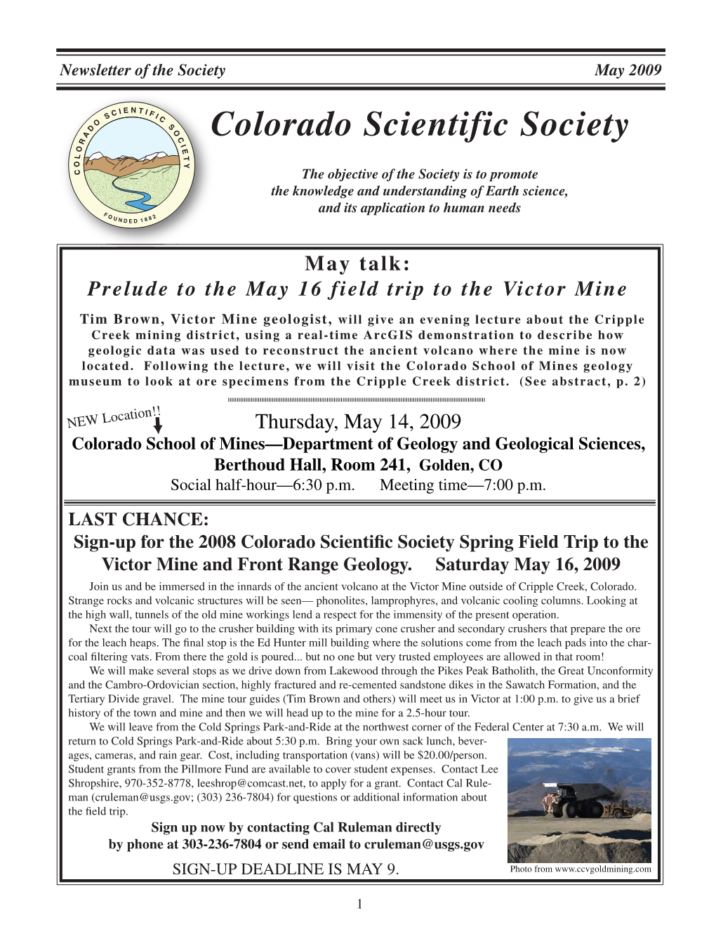 LAST CHANCE: Sign-Up for the 2008 Colorado Scientific Society Spring Field Trip to the Victor Mine and Front Range Geology