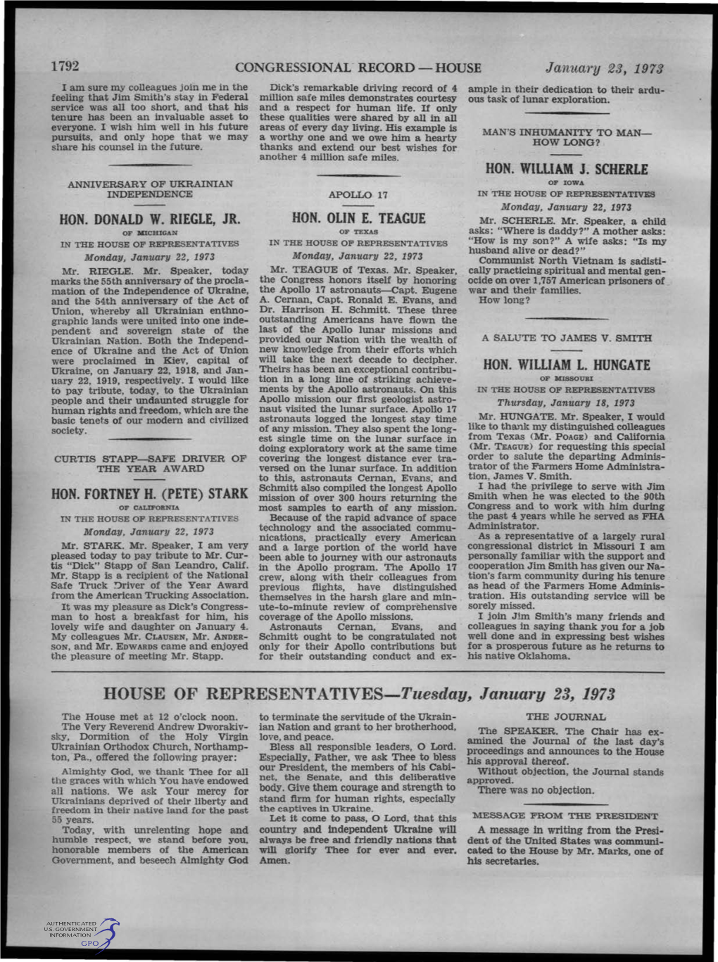 HOUSE of REPRESENTATIVES-Tuesday, January 23, 1973 the House Met at 12 O'clock Noon