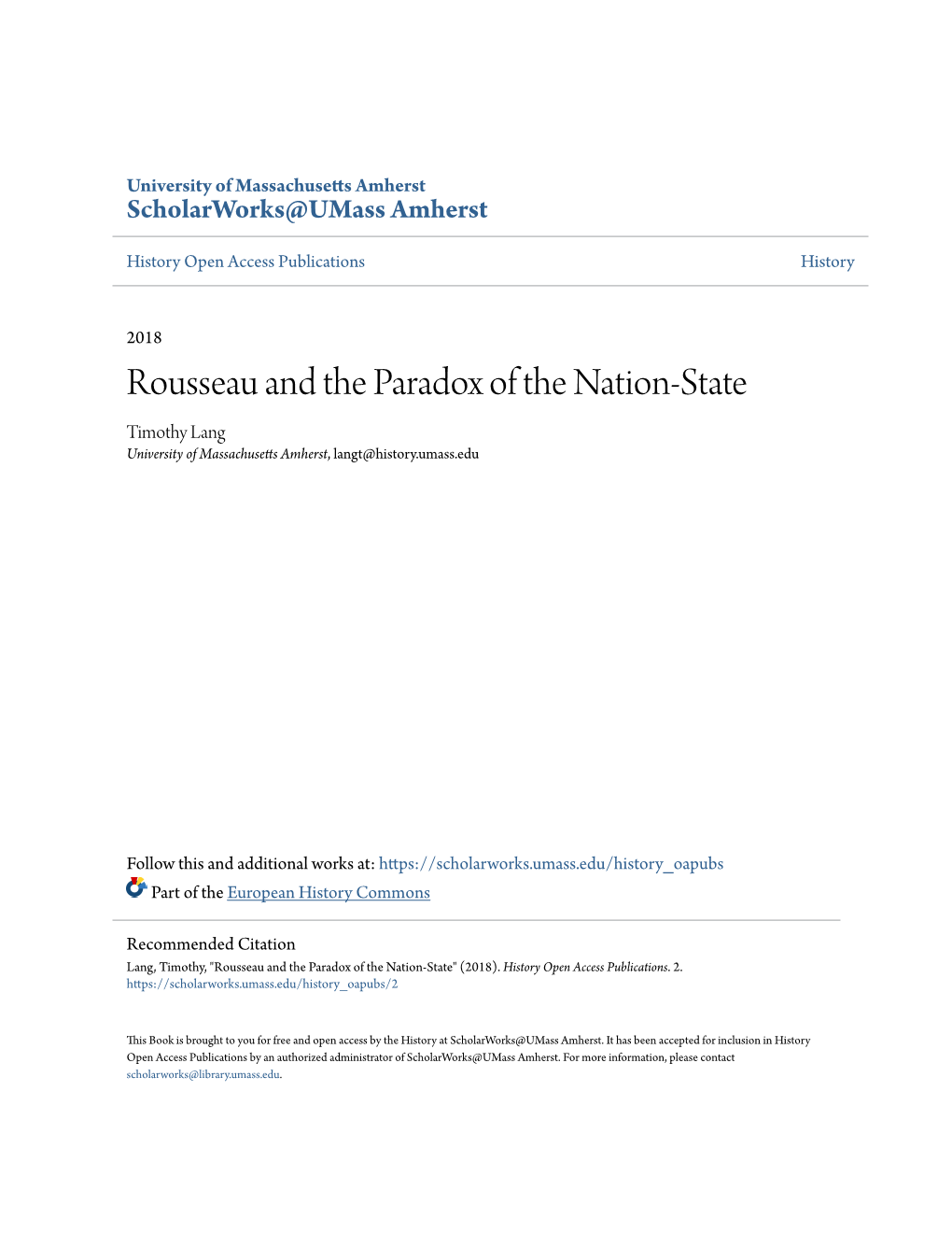 Rousseau and the Paradox of the Nation-State Timothy Lang University of Massachusetts Amherst, Langt@History.Umass.Edu