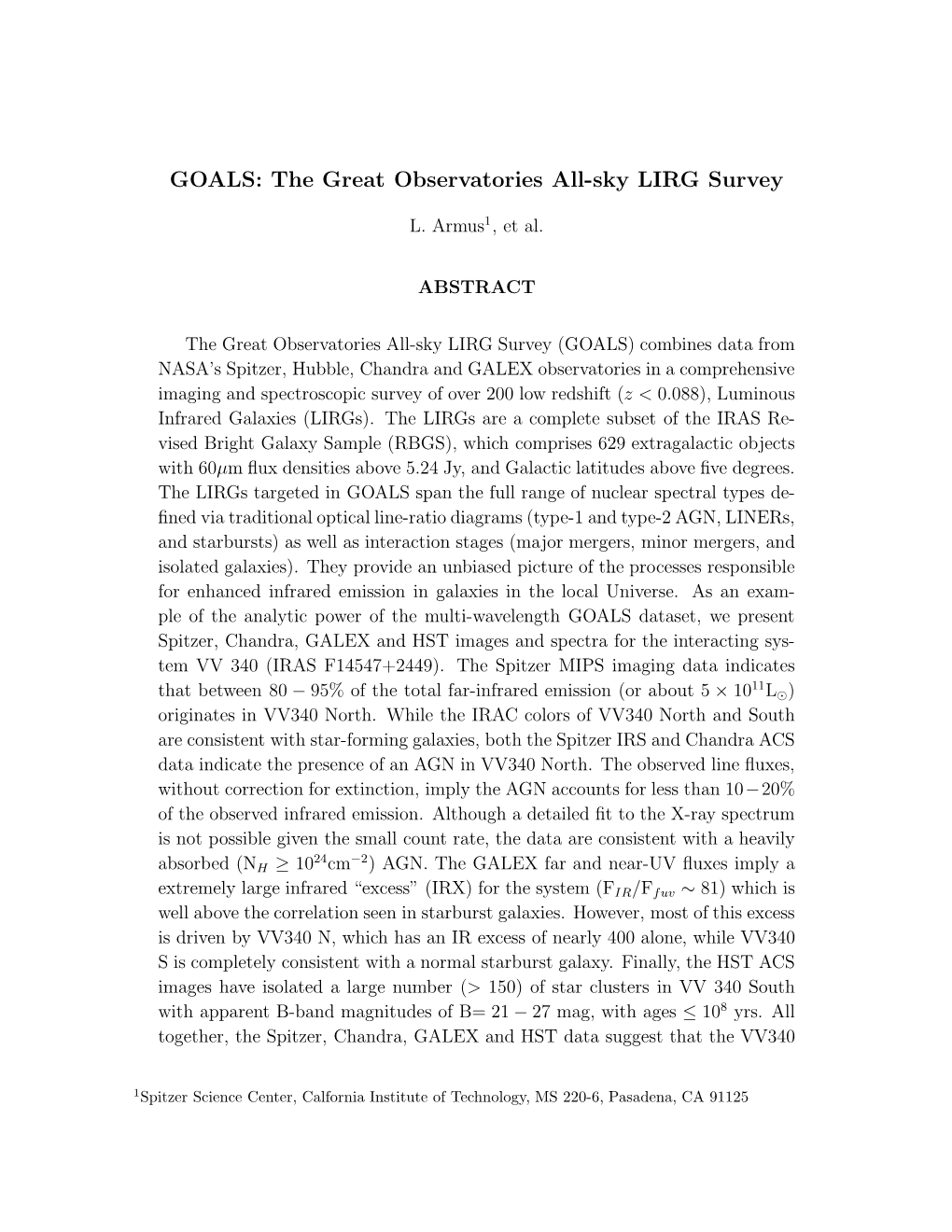 GOALS: the Great Observatories All-Sky LIRG Survey