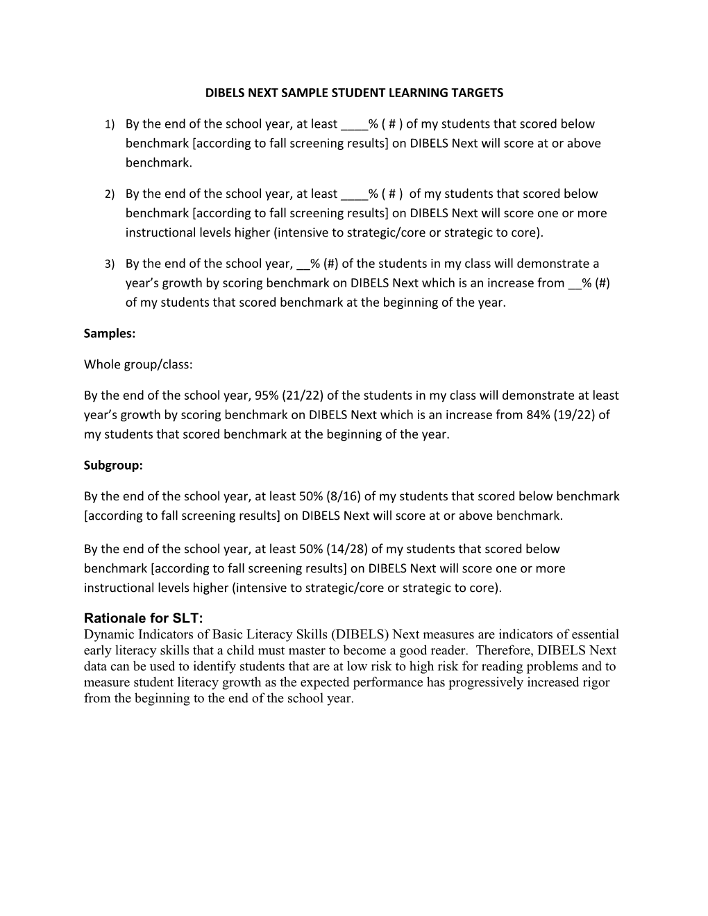 Dibels Next Sample Student Learning Targets