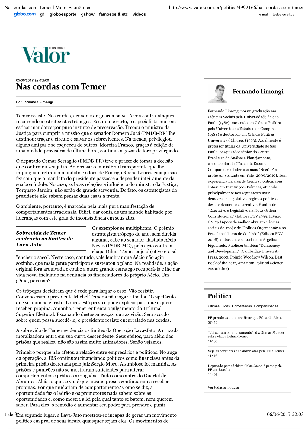 Nas Cordas Com Temer | Valor Econômico G1 Globoesporte Gshow Famosos & Etc Vídeos E-Mail Todos Os Sites