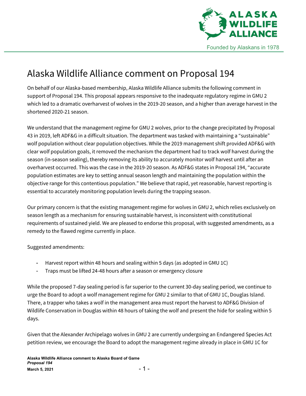 Alaska Wildlife Alliance Comment on Proposal 194