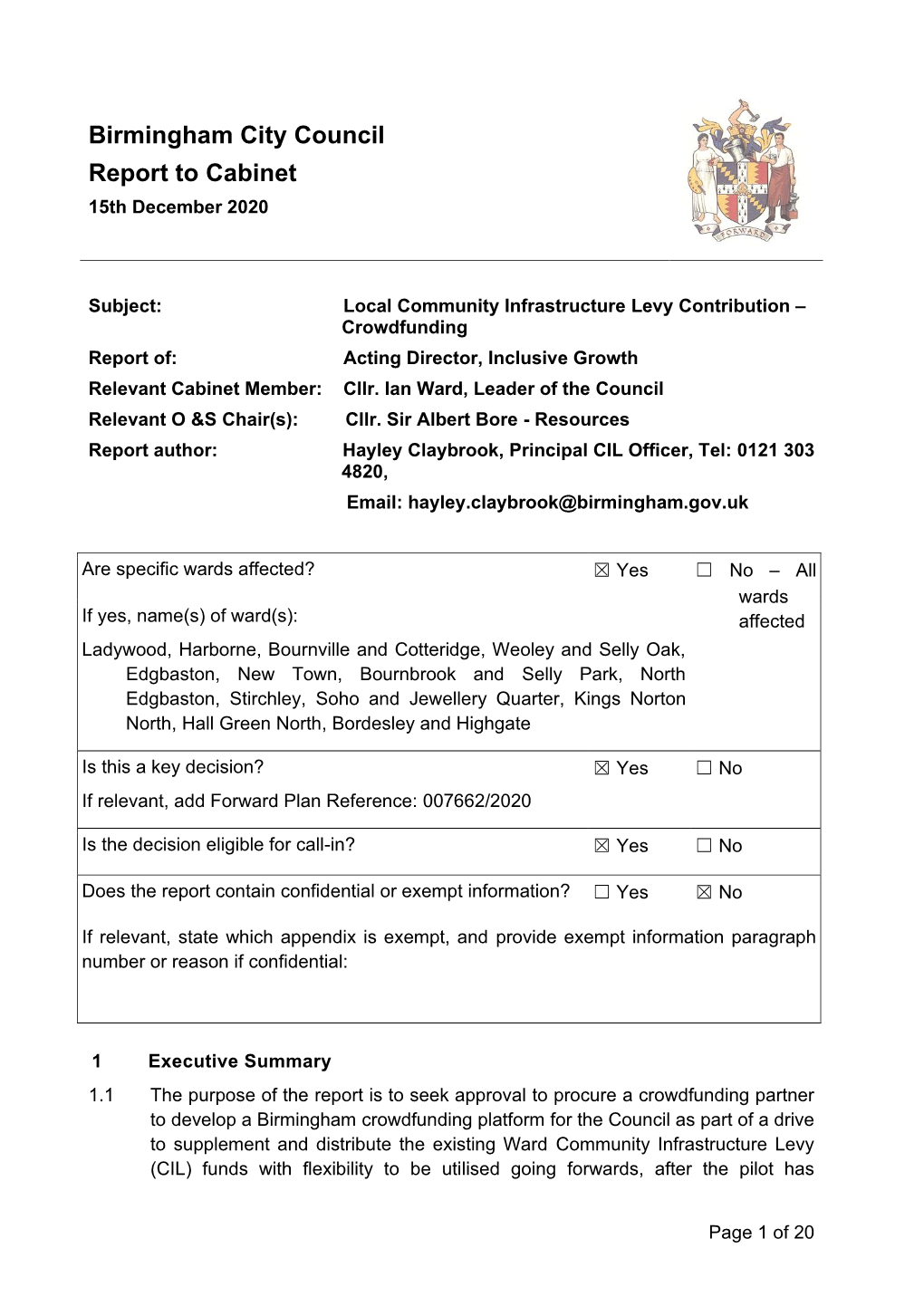 Birmingham City Council Report to Cabinet 15Th December 2020