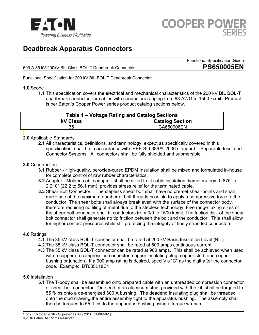 Functional Specification for 200 Kv BIL BOL-T Deadbreak Connector