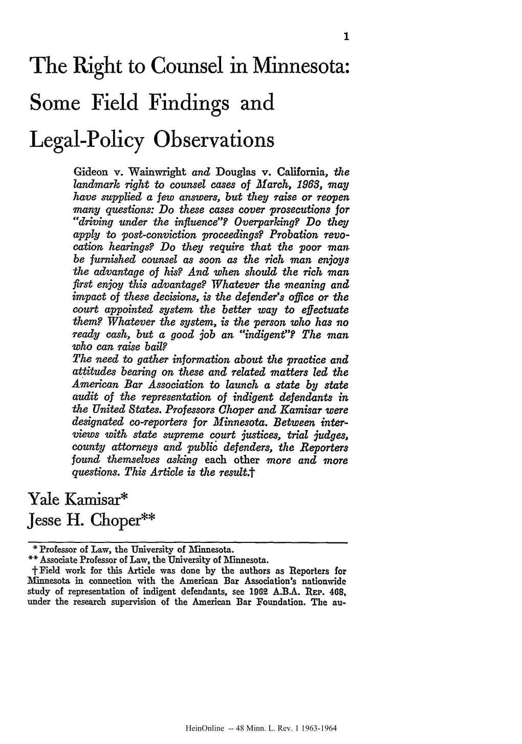 The Right to Counsel in Minnesota: Some Field Findings and Legal-Policy Observations