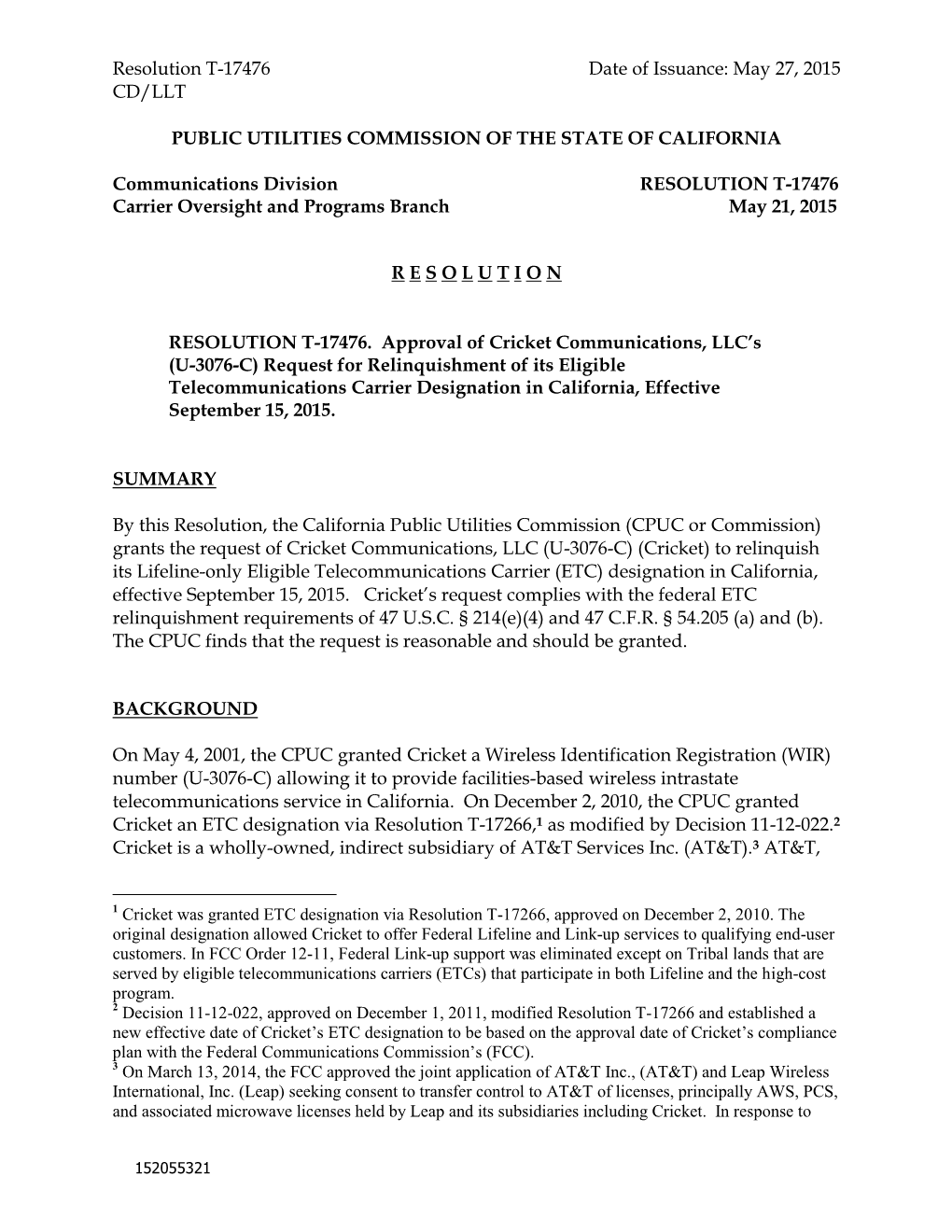 May 27, 2015 CD/LLT PUBLIC UTILITIES COMMISSION of the STATE of CALIFORNIA Communic