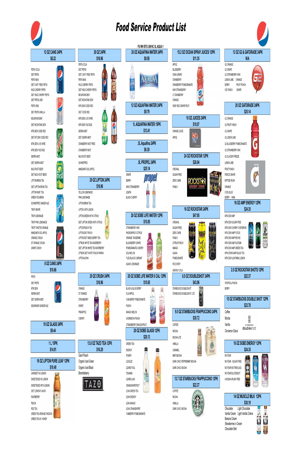 Food Service Product List