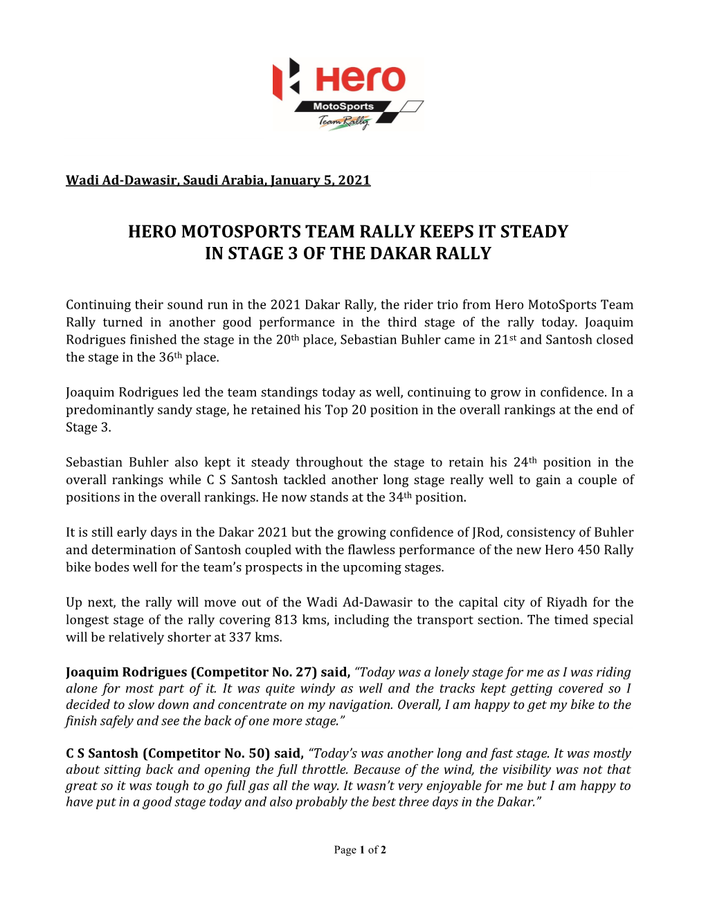 Hero Motosports Team Rally Keeps It Steady in Stage 3 of the Dakar Rally