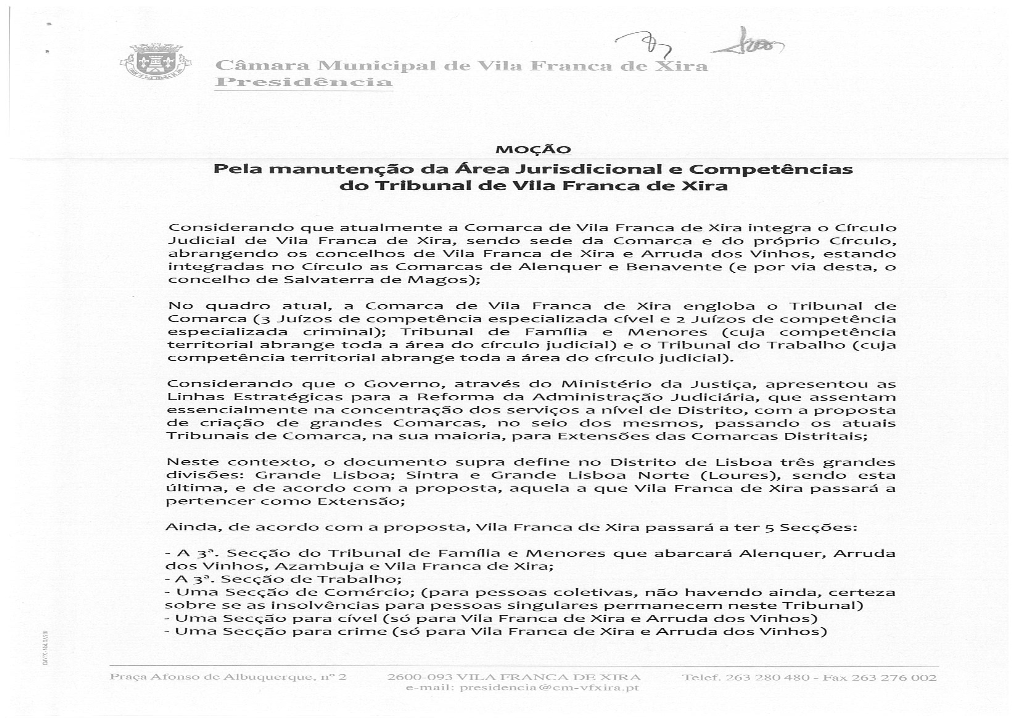 Pela Manutenção Da Área Jurisdicional E Competências Do Tribunal De Vila Franca De Xira