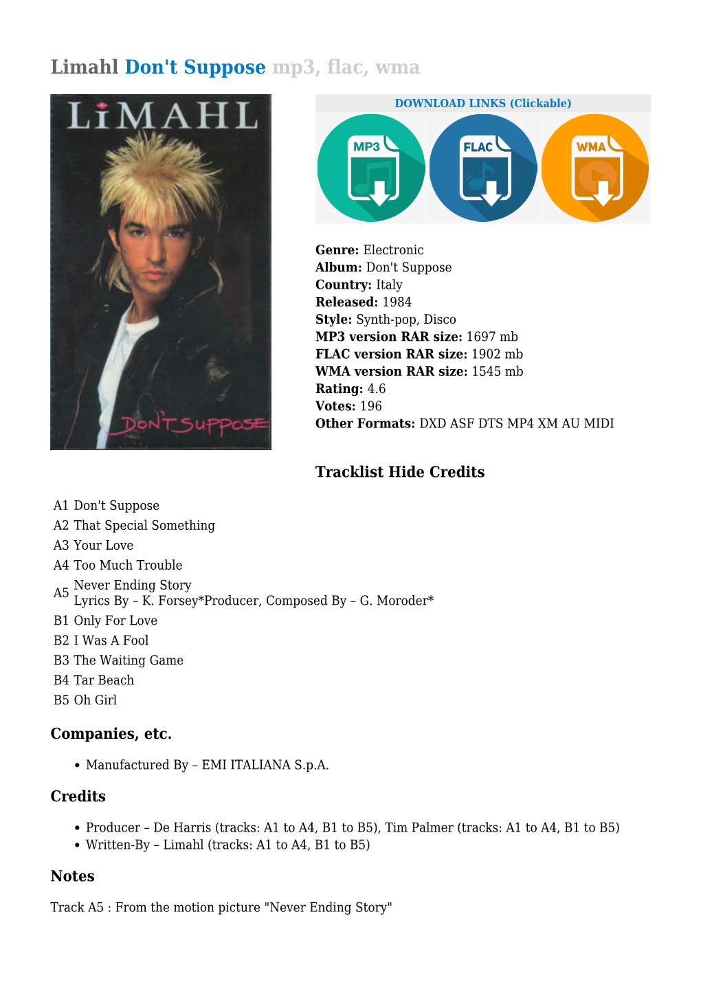 Limahl Don't Suppose Mp3, Flac, Wma