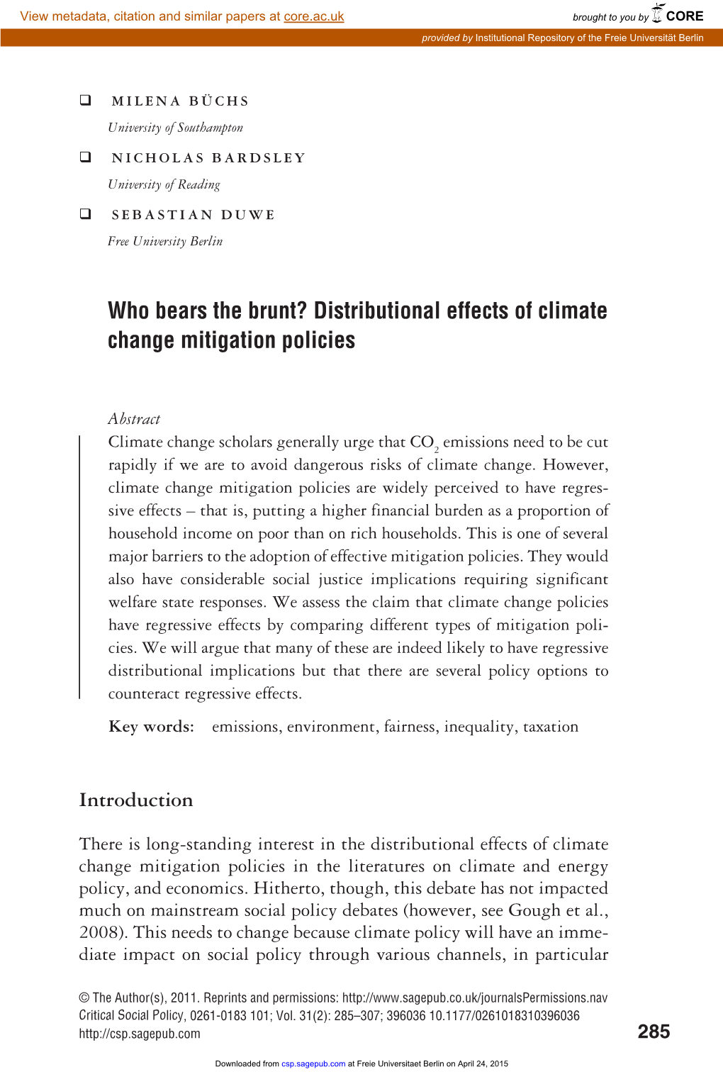 Who Bears the Brunt? Distributional Effects of Climate Change Mitigation Policies