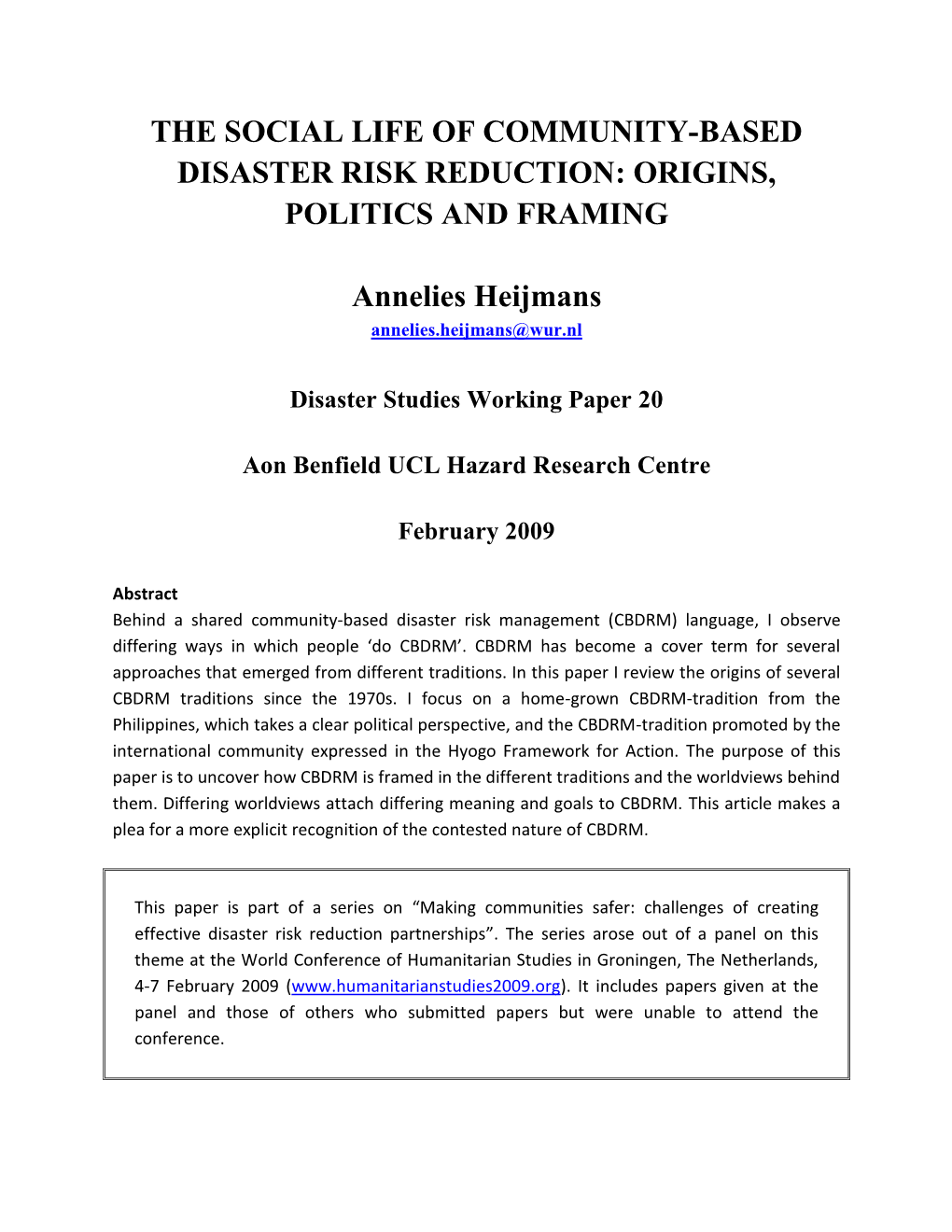 The Social Life of Community-Based Disaster Risk Reduction: Origins, Politics and Framing