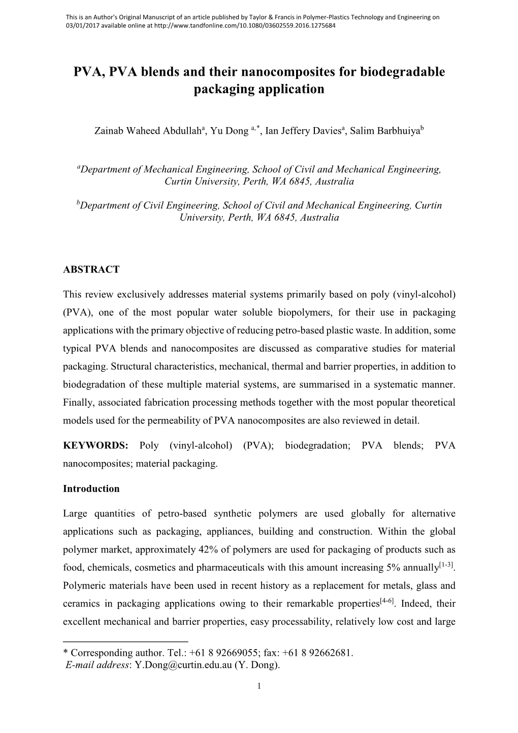 PVA, PVA Blends and Their Nanocomposites for Biodegradable Packaging Application