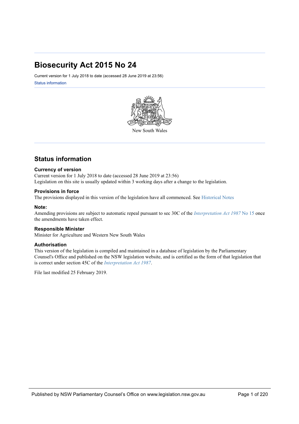 NSW Legislation Website, and Is Certified As the Form of That Legislation That Is Correct Under Section 45C of the Interpretation Act 1987