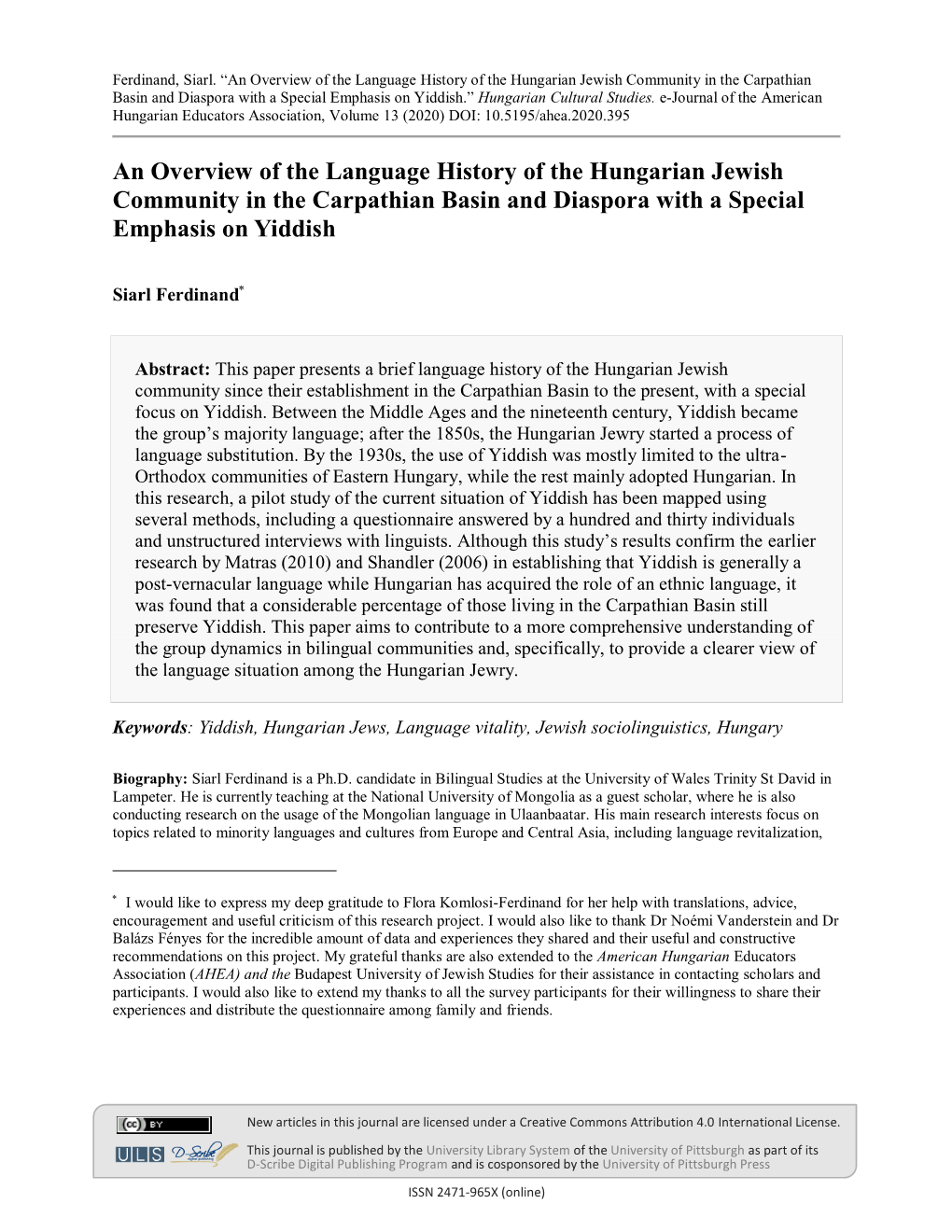 An Overview of the Language History of the Hungarian Jewish Community in the Carpathian Basin and Diaspora with a Special Emphas