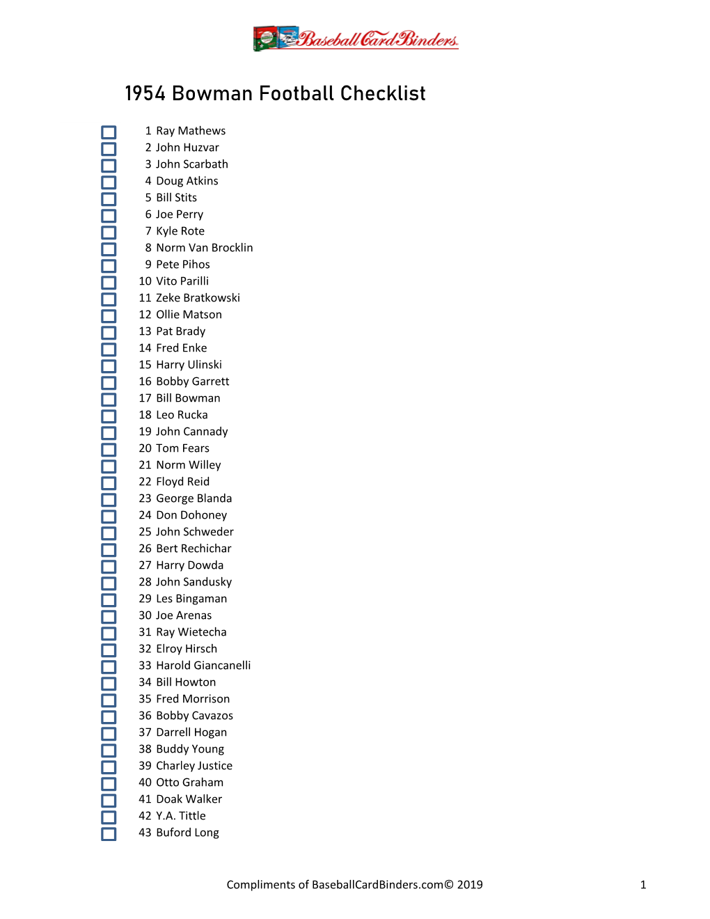 1954 Bowman Football Checklist