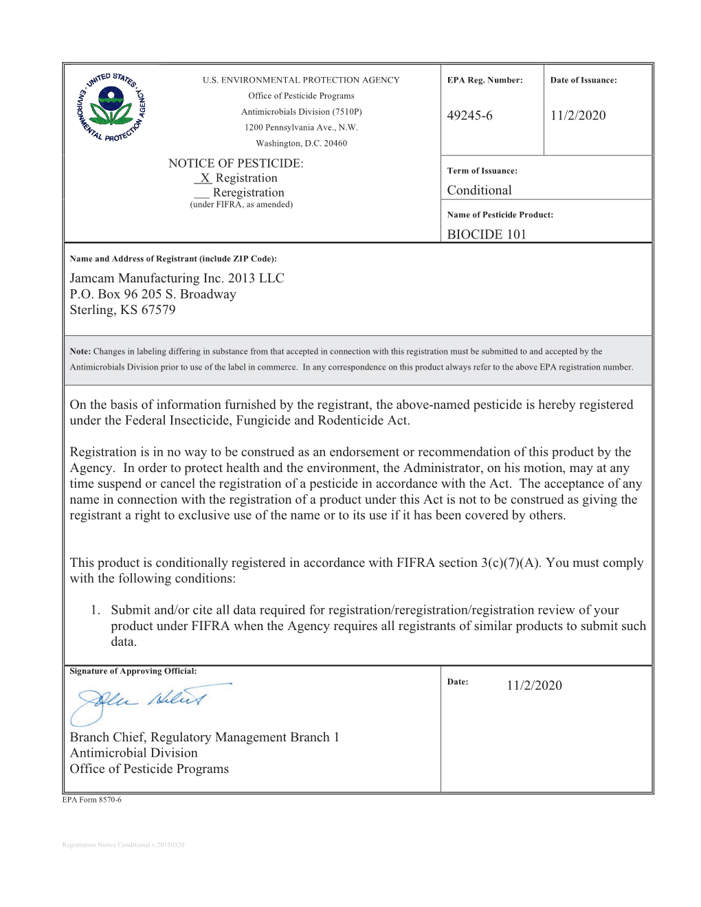 US EPA, Pesticide Product Label, Biocide 101,11/02/2020