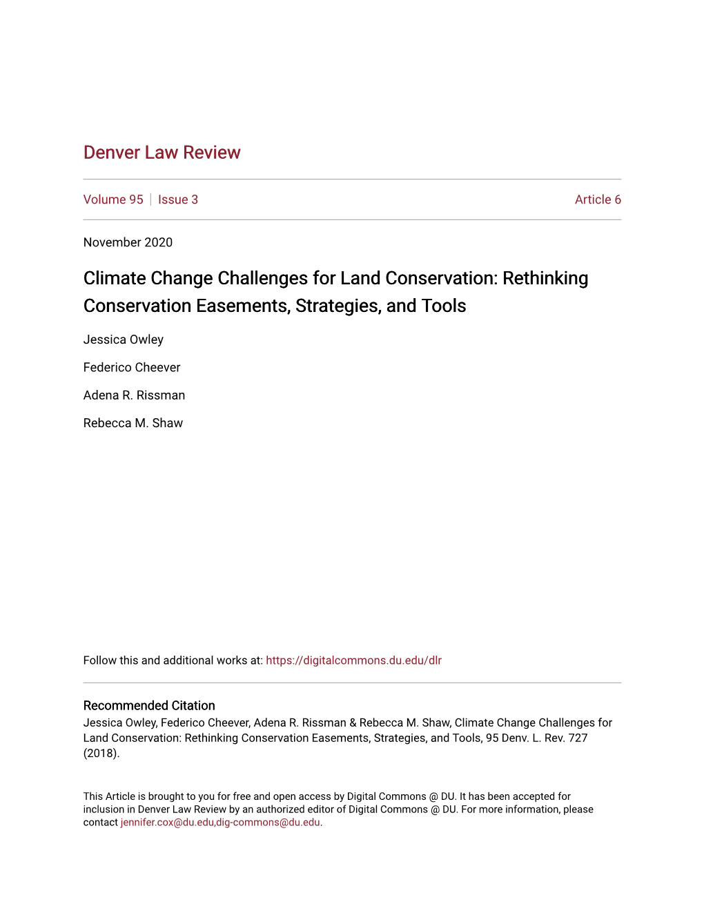 Climate Change Challenges for Land Conservation: Rethinking Conservation Easements, Strategies, and Tools