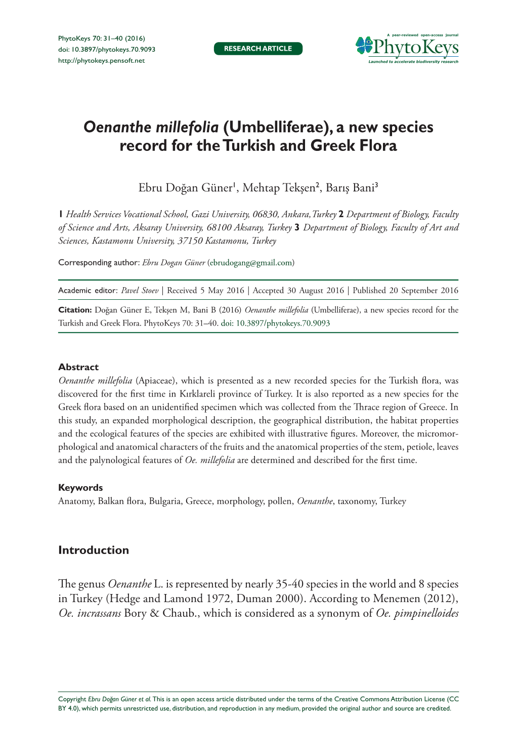 Oenanthe Millefolia (Umbelliferae), a New Species Record for the Turkish and Greek Flora