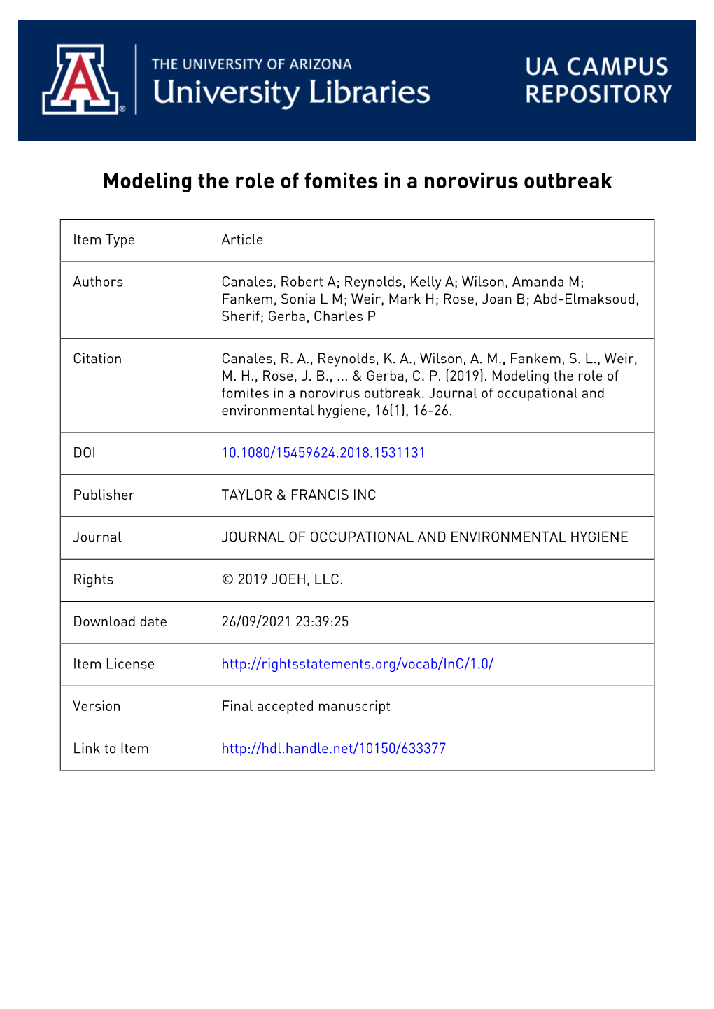 Modeling the Role of Fomites in a Norovirus Outbreak ABSTRACT