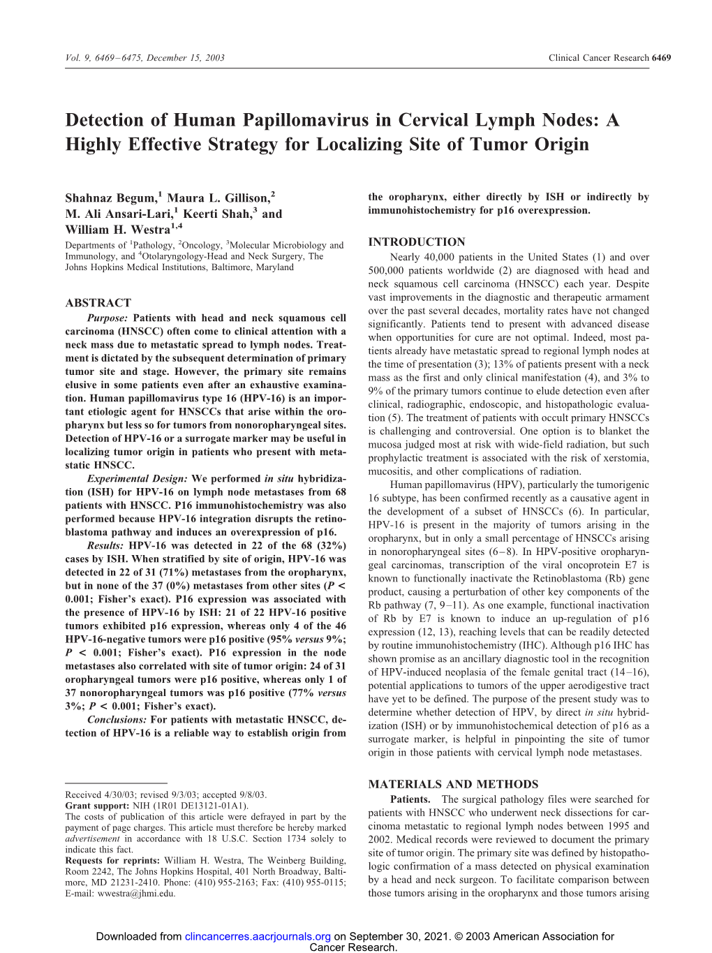 Detection of Human Papillomavirus in Cervical Lymph Nodes: a Highly Effective Strategy for Localizing Site of Tumor Origin