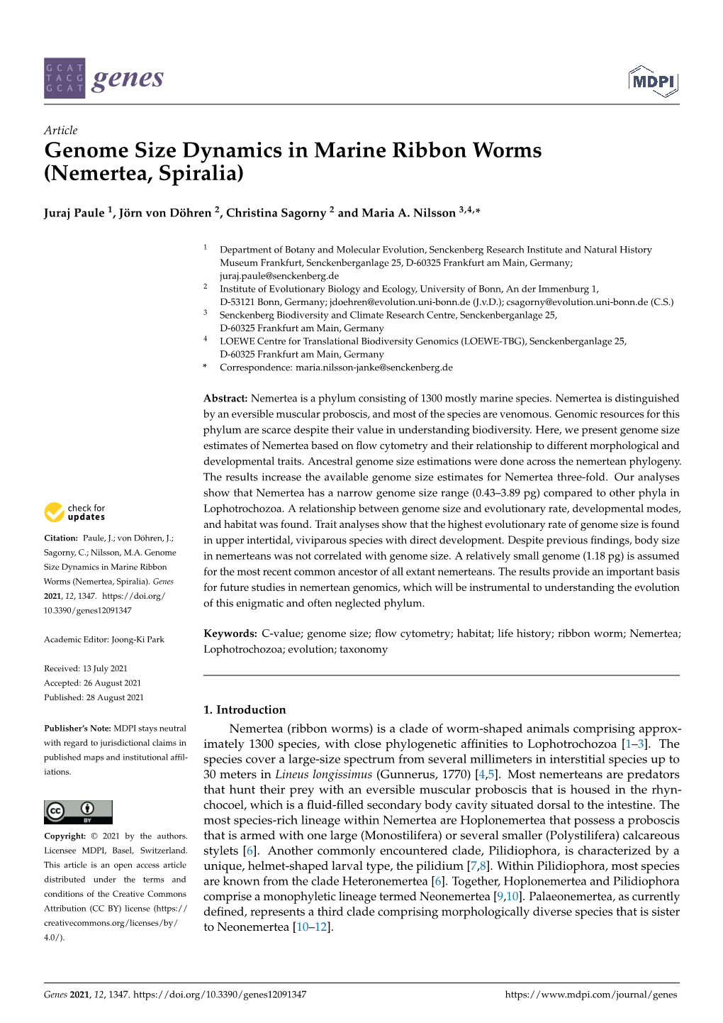 Genome Size Dynamics in Marine Ribbon Worms (Nemertea, Spiralia)