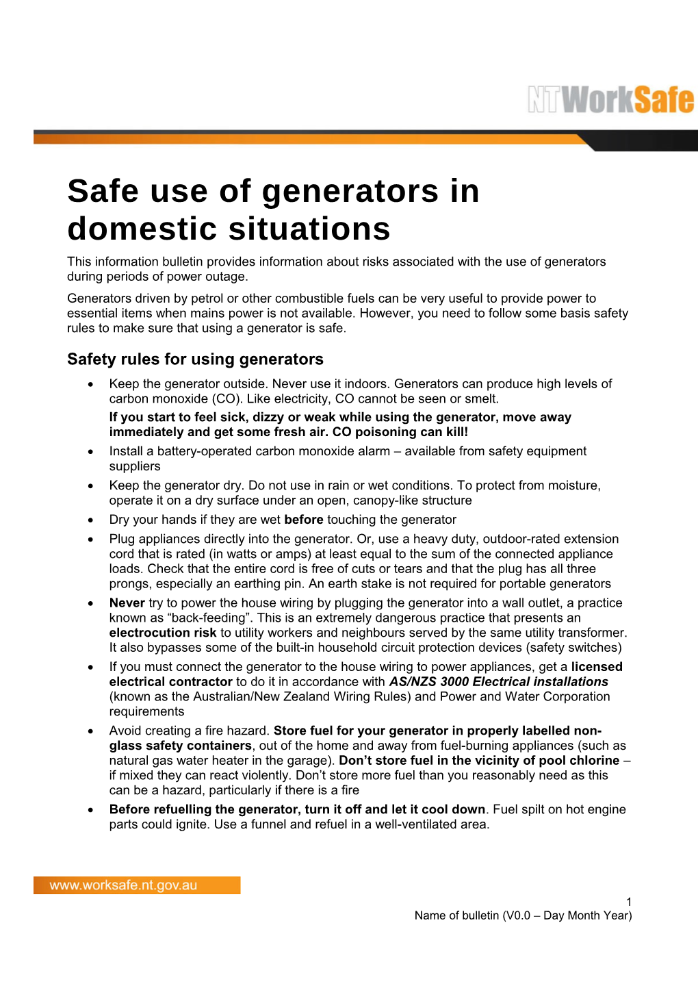 Safe Use of Generators in Domestic Situations