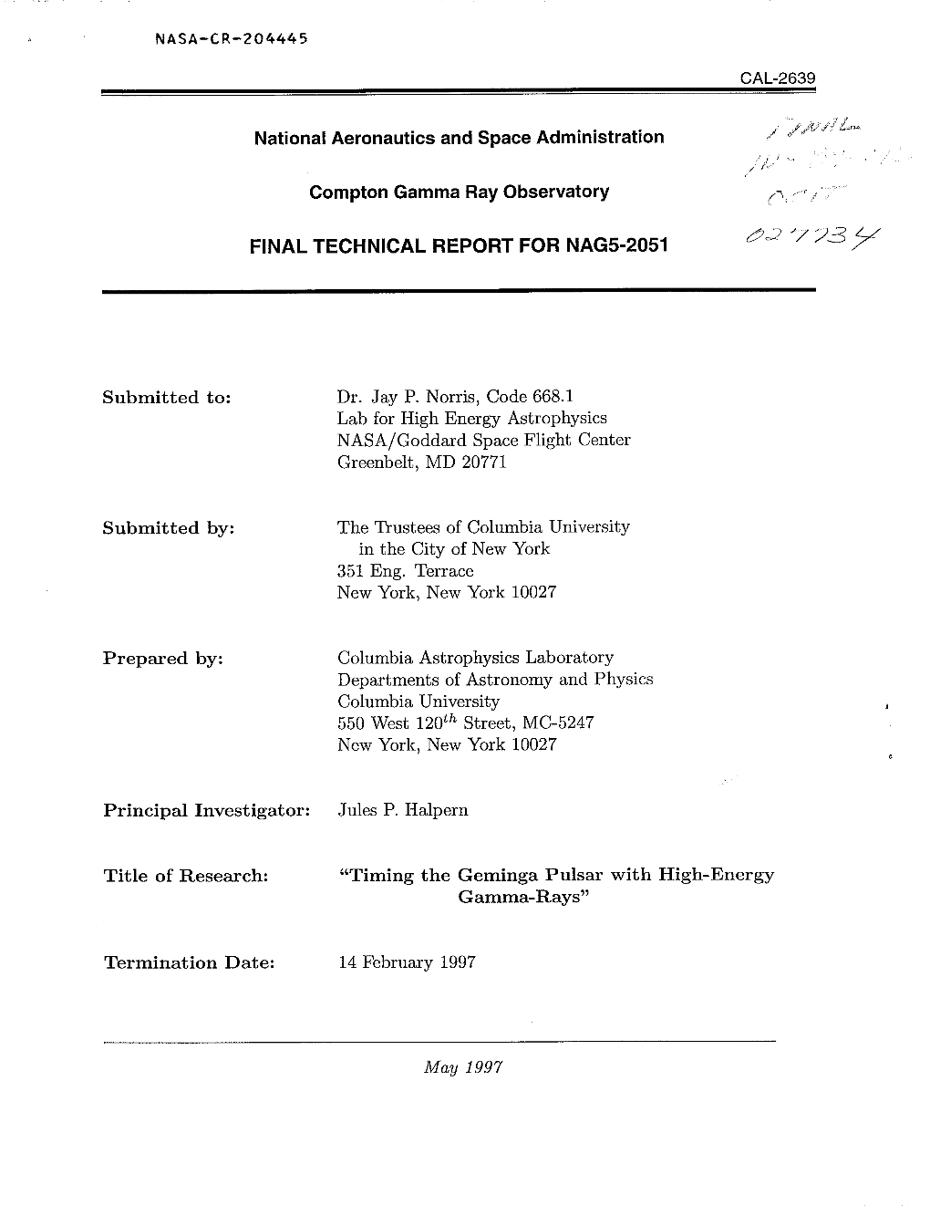 National Aeronautics and Space Administration Compton Gamma Ray Observatory FINAL TECHNICAL REPORT for NAG5-2051 Submitted To: D