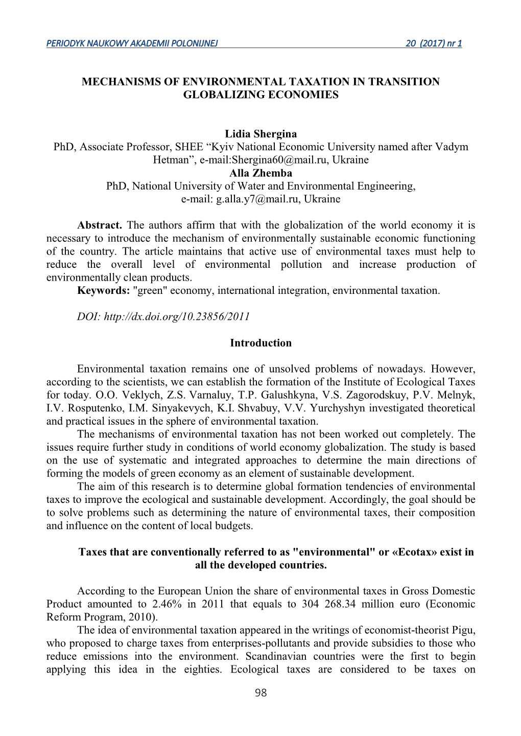Mechanisms of Environmental Taxation in Transition Globalizing Economies