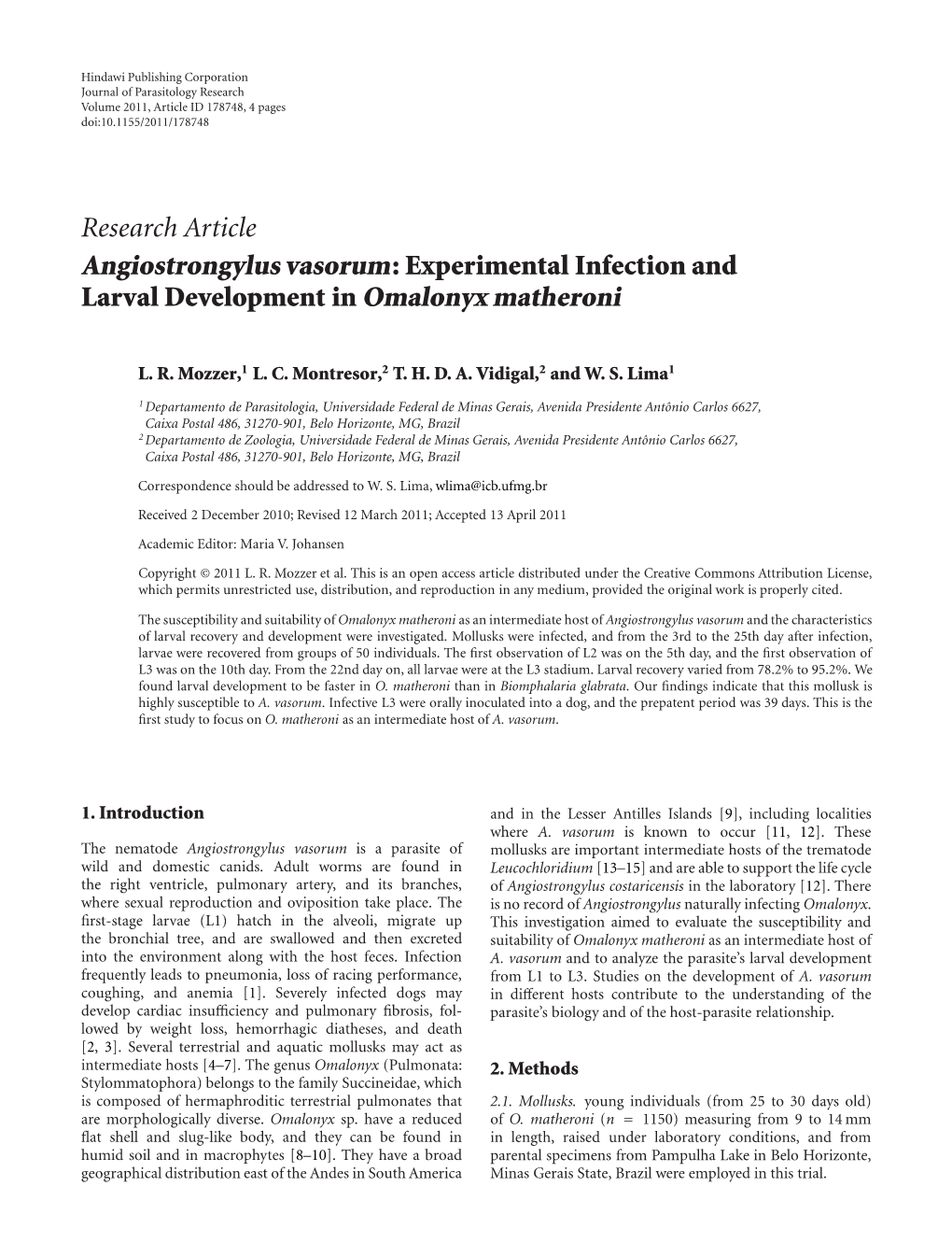 Angiostrongylus Vasorum: Experimental Infection and Larval Development in Omalonyx Matheroni