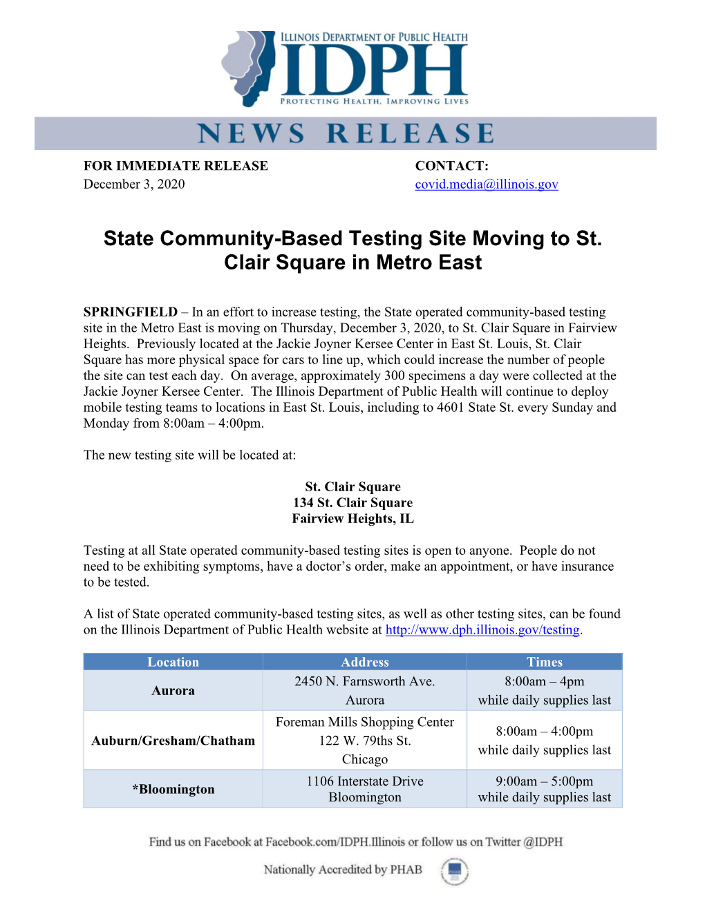 State Community-Based Testing Site Moving to St. Clair Square in Metro East