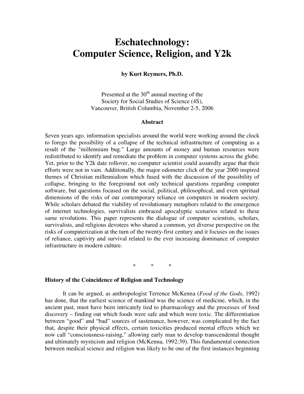 Eschatechnology: Computer Science, Religion, and Y2k