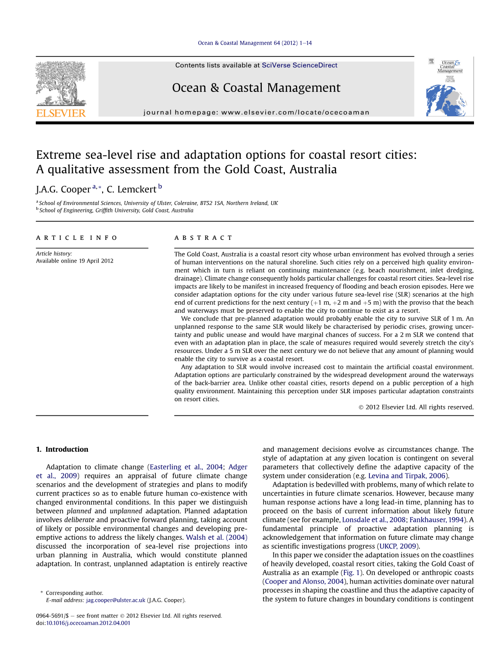 Extreme Sea-Level Rise and Adaptation Options for Coastal Resort Cities: a Qualitative Assessment from the Gold Coast, Australia