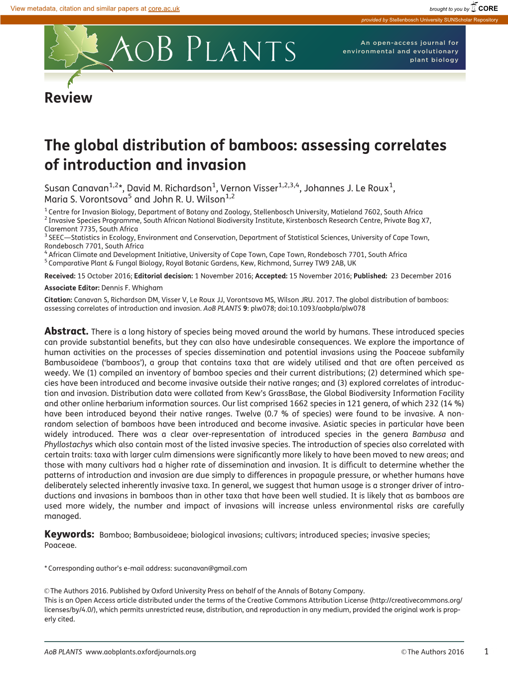 The Global Distribution of Bamboos: Assessing Correlates of Introduction and Invasion