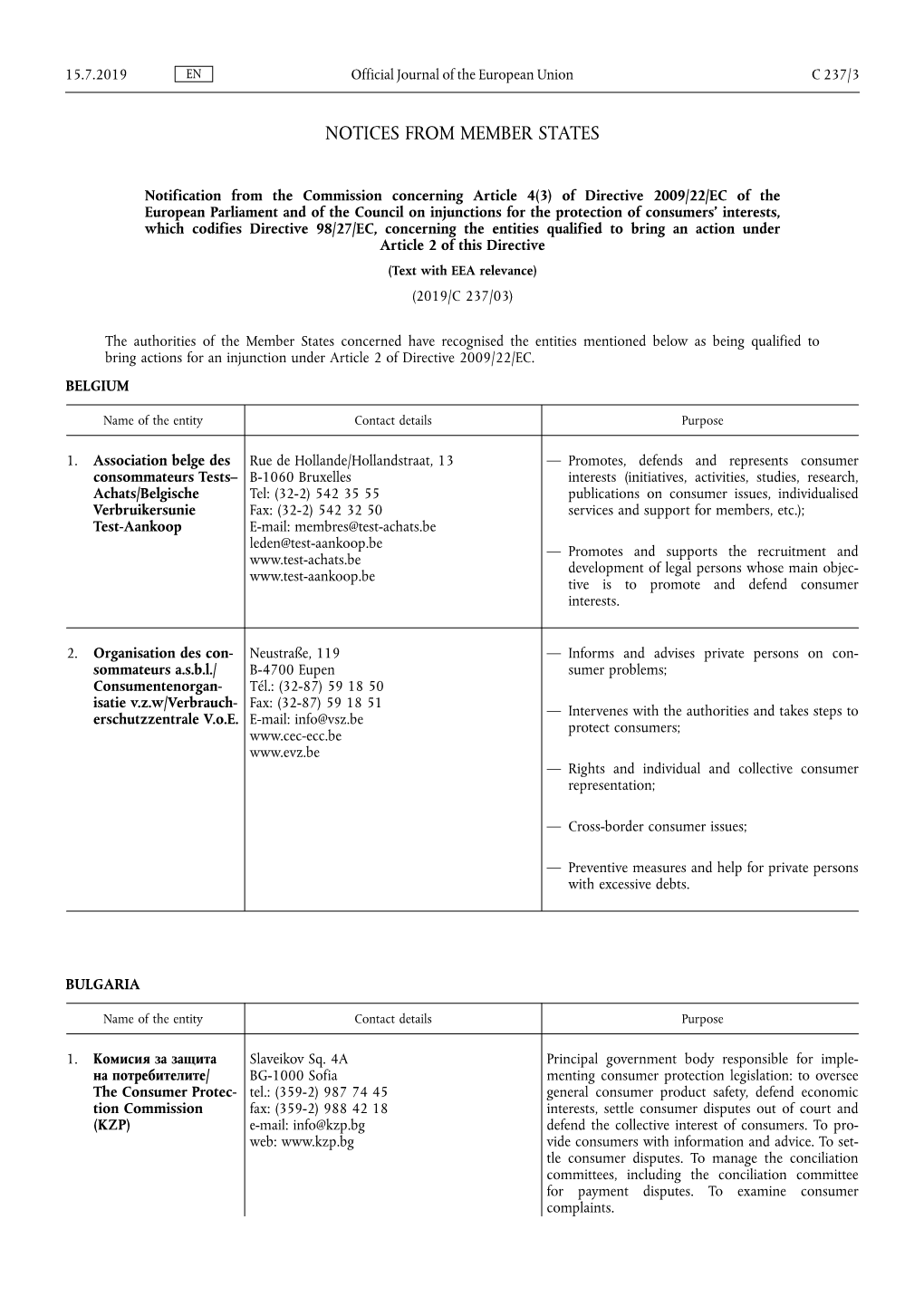 Of Directive 2009/22/EC of the European Parliament and of the Council O