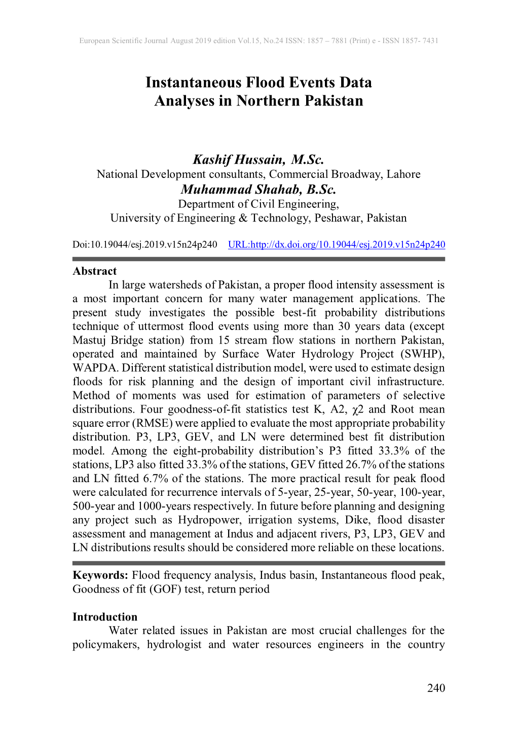 Instantaneous Flood Events Data Analyses in Northern Pakistan