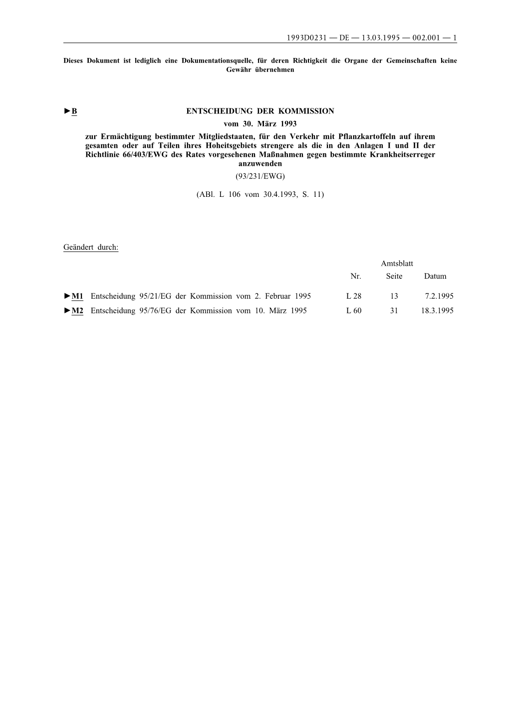 1993D0231 — De — 13.03.1995 — 002.001 — 1 B Entscheidung