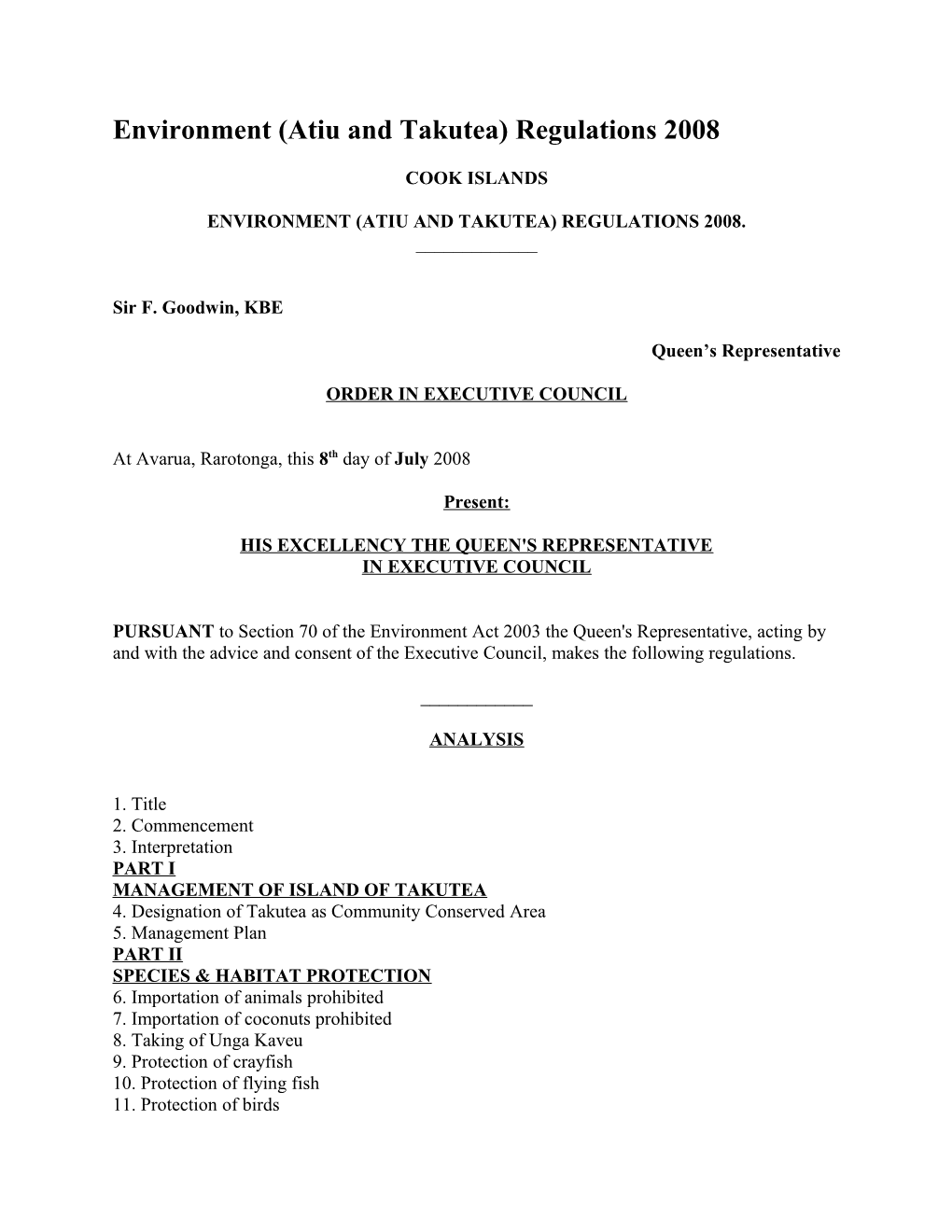 Environment (Atiu and Takutea) Regulations 2008