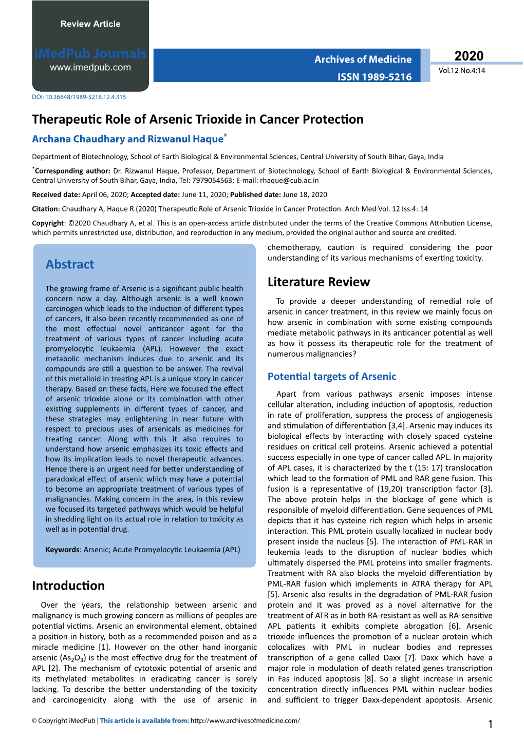 Therapeutic Role of Arsenic Trioxide in Cancer Protection Archana Chaudhary and Rizwanul Haque*