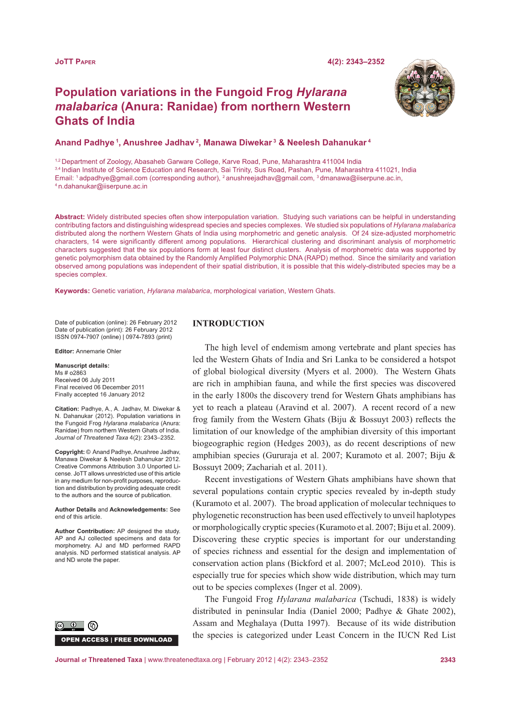 Population Variations in the Fungoid Frog Hylarana Malabarica (Anura: Ranidae) from Northern Western Ghats of India