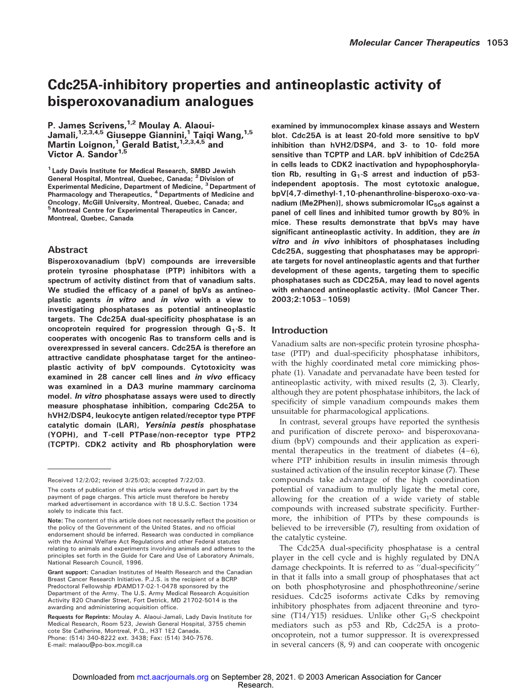 Cdc25a-Inhibitory Properties and Antineoplastic Activity of Bisperoxovanadium Analogues