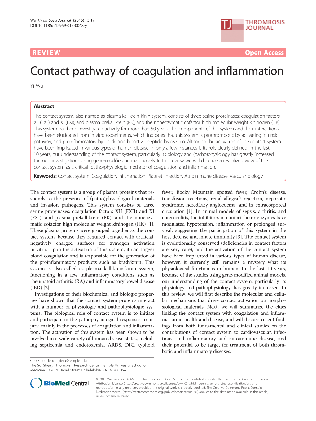 Contact Pathway of Coagulation and Inflammation Yi Wu