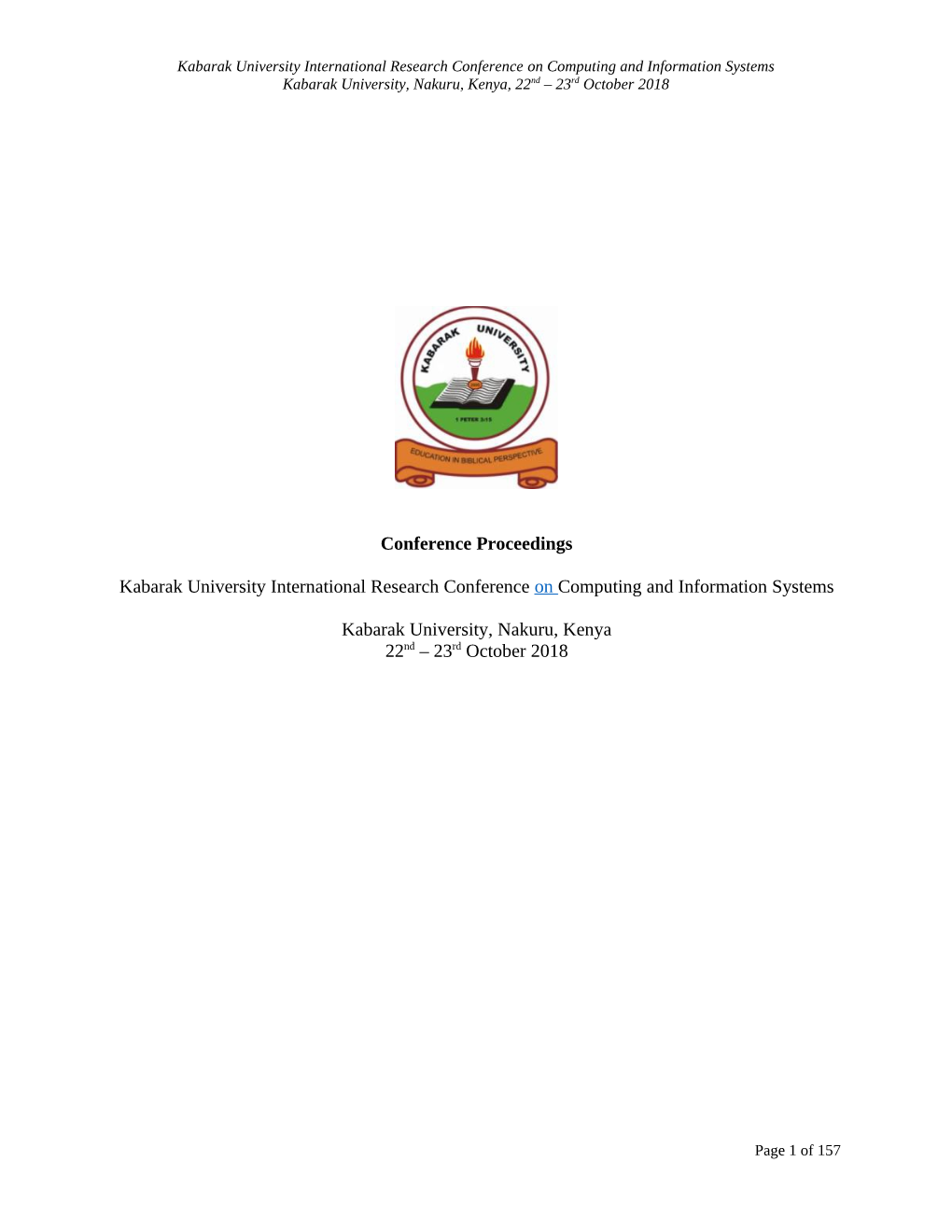 Computing and Information Systems Kabarak University, Nakuru, Kenya, 22Nd – 23Rd October 2018