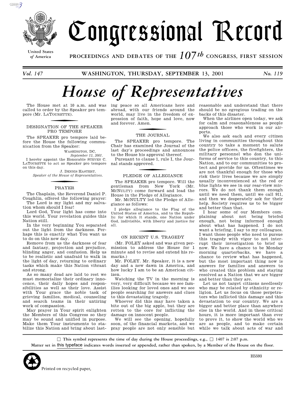 Congressional Record United States of America PROCEEDINGS and DEBATES of the 107Th CONGRESS, FIRST SESSION