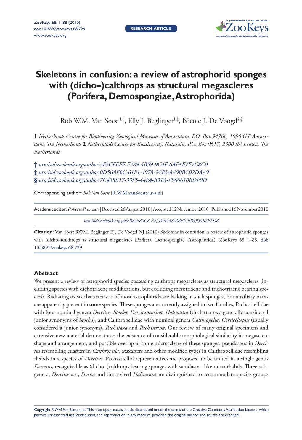 Dicho–)Calthrops As Structural Megascleres (Porifera, Demospongiae, Astrophorida