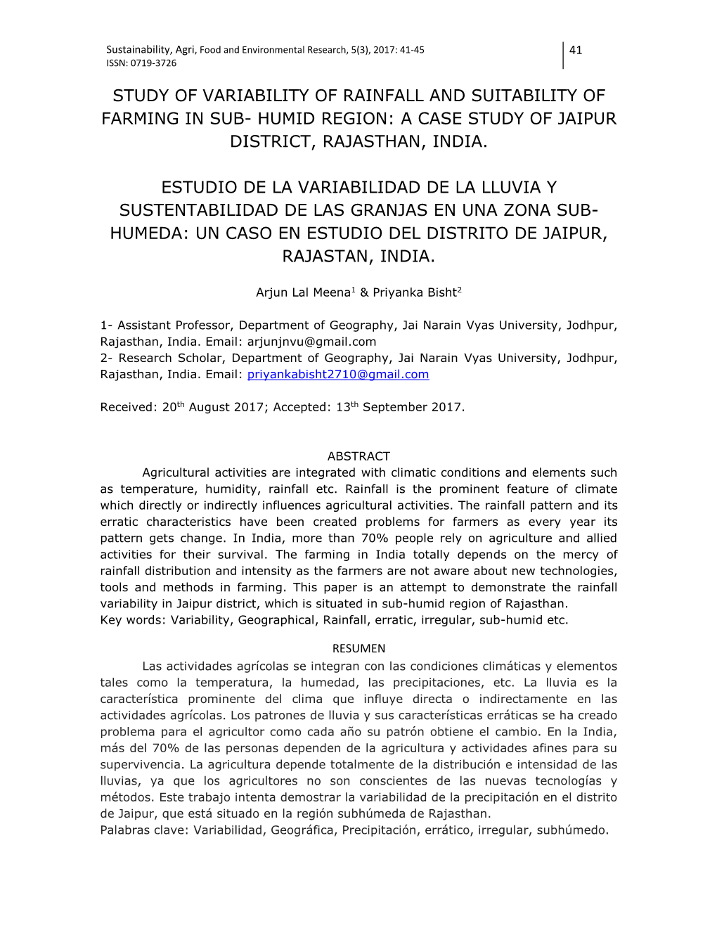 Study of Variability of Rainfall and Suitability of Farming in Sub- Humid Region: a Case Study of Jaipur District, Rajasthan, India