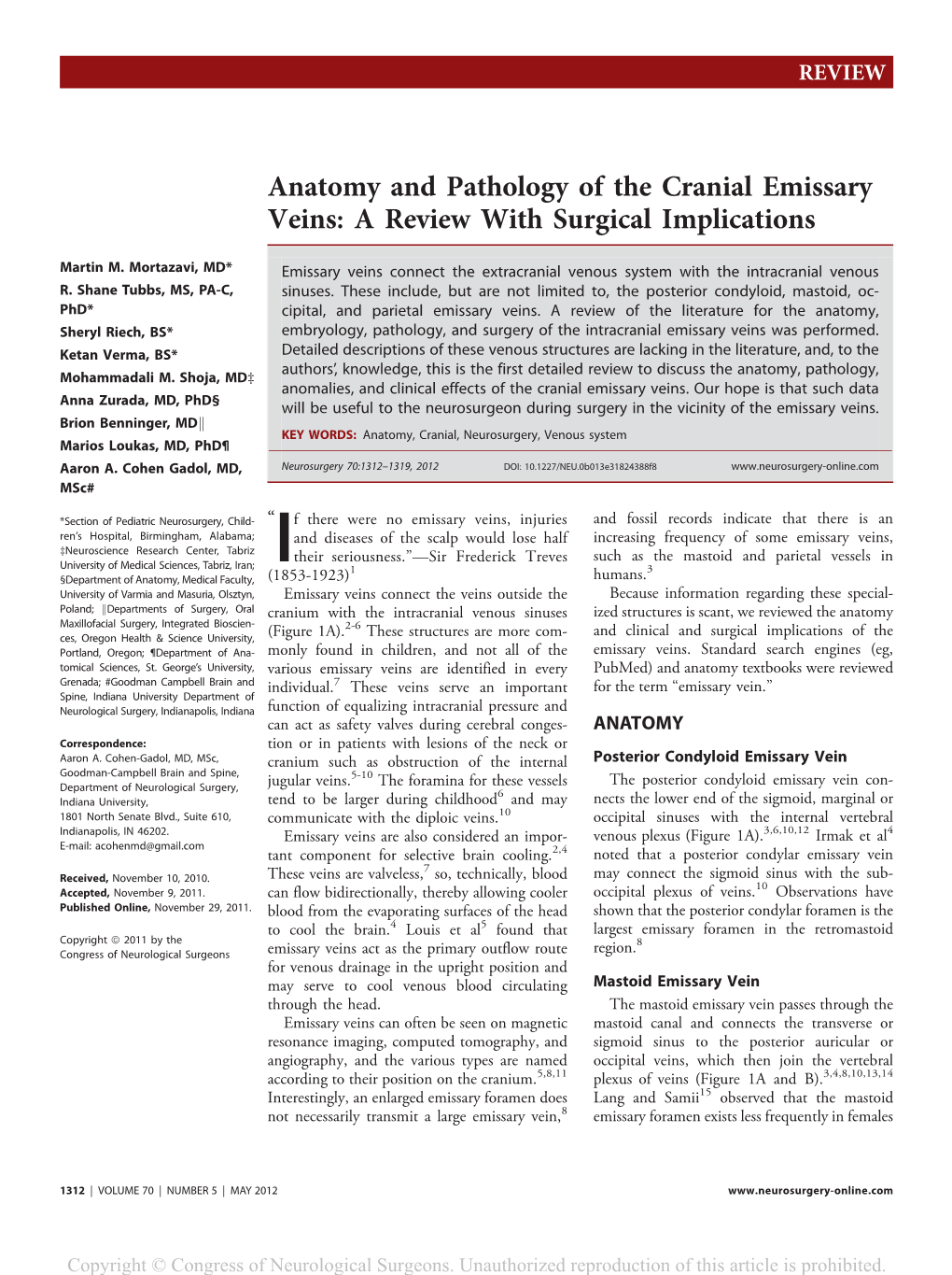 Anatomy and Pathology of the Cranial Emissary Veins: a Review with Surgical Implications