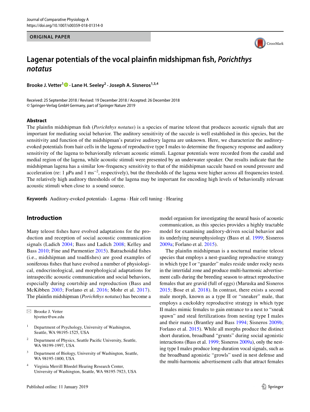 Lagenar Potentials of the Vocal Plainfin Midshipman Fish, Porichthys Notatus
