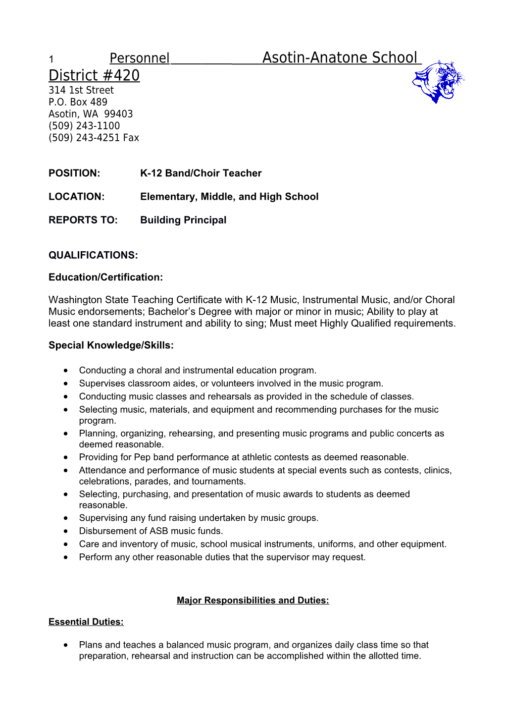 POSITION: K-12 Band/Choir Teacher